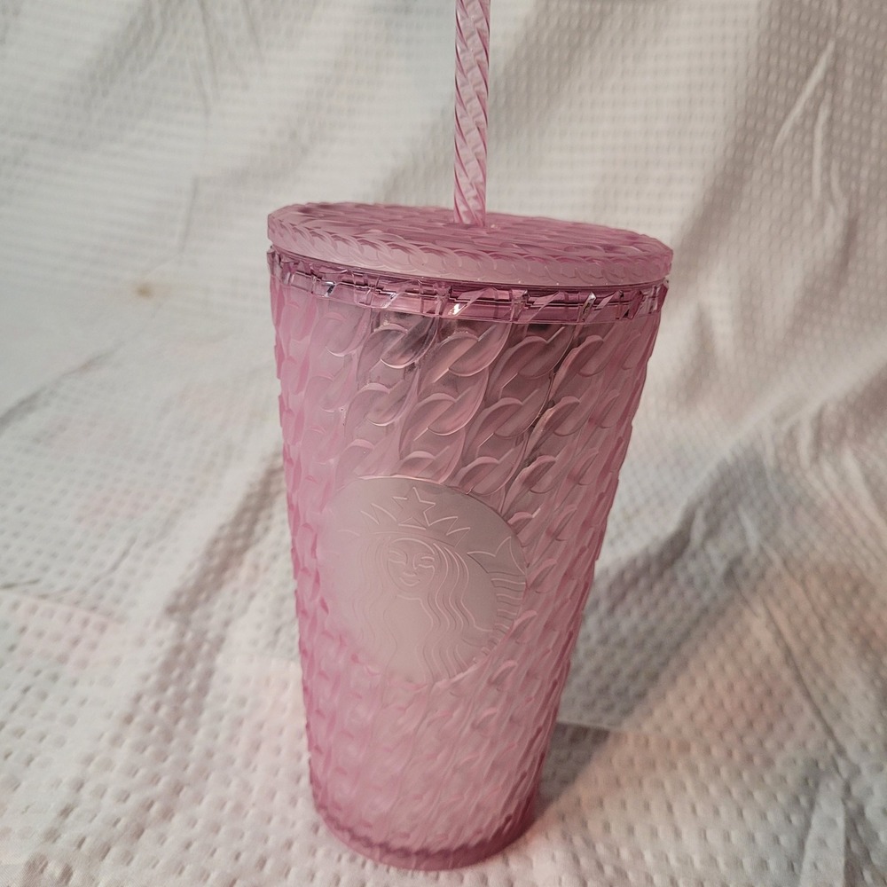 Starbucks Pink Cable Knit Textured Cold Cup Tumbler 16oz Acrylic with Straw 2024